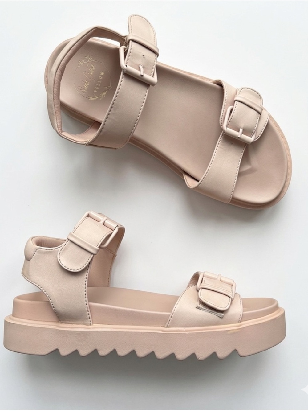 Yellow | Neutral Blush Pink Platform Rugged Sole Adjustable Buckle Sandals